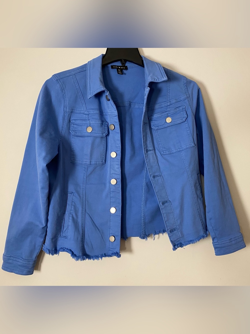 Tribal vintage Bright Blue denim Button-Up Jacket with pockets